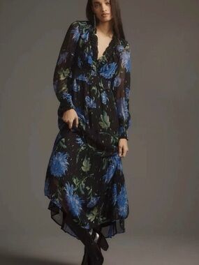 NWT [$278] Anthropologie The Odetta Black Maxi Dress with Blue Floral Print. M